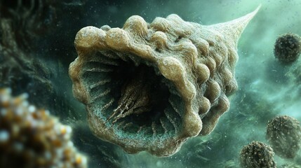 Close-up view of a complex, textured, microscopic organism.