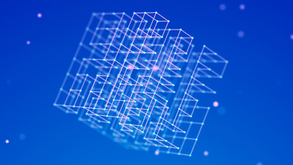 3D cube of lines and dots. Wireframe polygonal element on dark background. Science and technology. 3d rendering