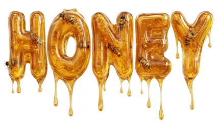 Golden honey letters with bees and honeycombs isolated on transparent background