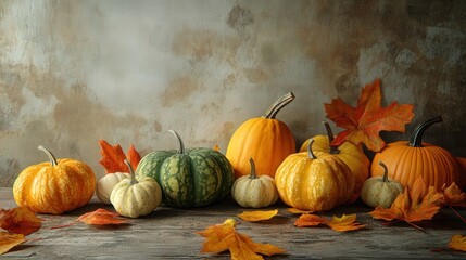 Autumnal display of pumpkins and leaves on a rustic surface.