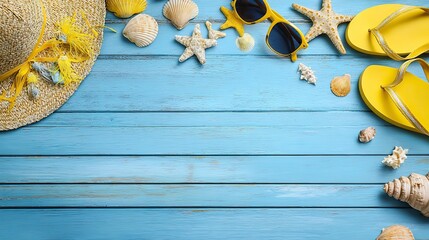 Flat lay of summer beach accessories on blue wooden background with straw hat, flip-flops, sunglasses, seashells, and starfish, symbolizing vacation and tropical relaxation with copy space