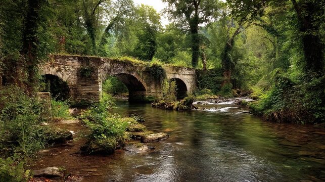 A river's branching structure follows natural fractal patterns. A rustic stone bridge arches over a flowing river surrounded by lush greenery and dense forest in a serene natural setting. - Powered by Adobe