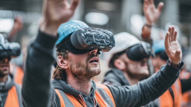 Industry professionals don VR headsets actively engaging in a lifelike construction site simulation showcasing the future of architectural design and project management through innovative