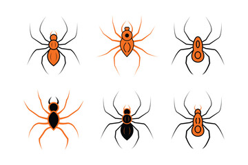 Set of six Spider vector illustrations on a transparent background. Halloween spiders in black and orange colors.