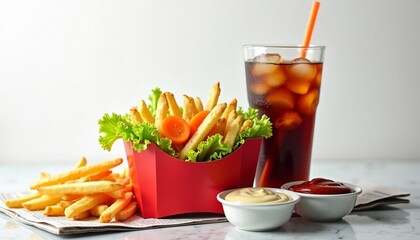 Delicious fries served with condiments and a refreshing beverage in a casual dining setting