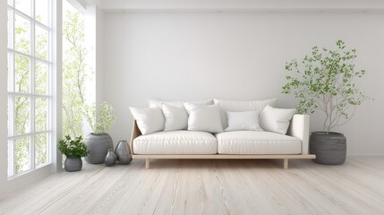 Clean white couch centered in a bright living room with light wooden floors and elegant plants