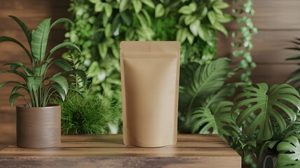 Eco-Friendly Kraft Paper Stand-Up Pouch with Green Plants on Wooden Table – Sustainable Packaging Concept