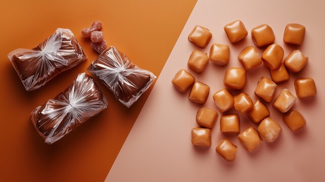 **A creative diagonal split scene with half the frame filled with wrapped toffees and the other half with unwrapped soft chews
