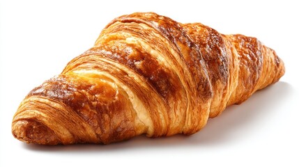 Golden brown butter croissant with flaky layers and crisp texture, placed diagonally, soft shadow on clean white background, ideal for bakery promotions or packaging