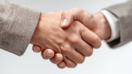Professional handshake captured mid-motion, close-up with focus on fingers and grip, soft lighting and isolated on clean white background, concept of deal and cooperation