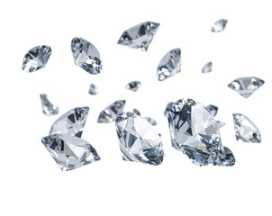 Falling Sparkling Diamonds with Glittering Light Reflections Isolated on White Background PNG