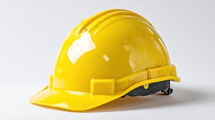 Fototapeta premium Bright yellow safety helmet placed slightly angled, high-detail surface and straps visible, isolated on clean white background with copy space for industrial safety designs