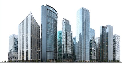 Fototapeta premium Collection of tall glass skyscrapers with sharp modern design, clean lines and reflective windows, clustered in urban real estate setting, isolated on pure white background