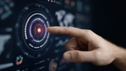 hand interacts with a futuristic digital touchscreen interface displaying a circular, high-tech control panel with data visualizations and global map elements.