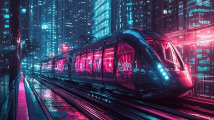 Fototapeta premium Futuristic train in a neon-lit city at night.