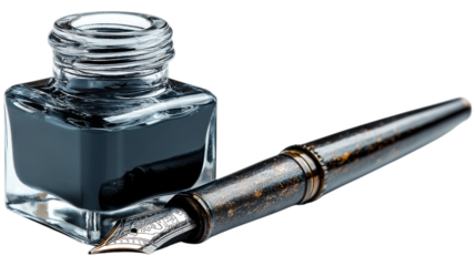 A vintage fountain pen rests beside a small, square inkwell filled with dark ink.  Isolated on transparent background.
