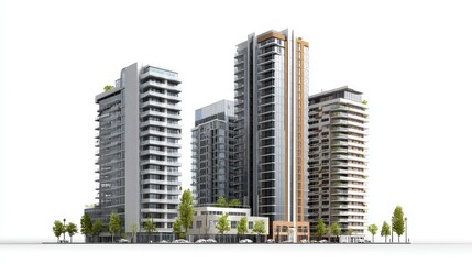 Mixed-use high-rise towers in urban redevelopment zone, with retail and residential levels, elegant and structured design, isolated on white background, ideal for smart city projects