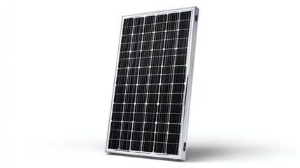Single solar panel with monocrystalline cells and silver frame, standing vertically, clean reflection and surface grid lines, isolated on white background with wide copy space