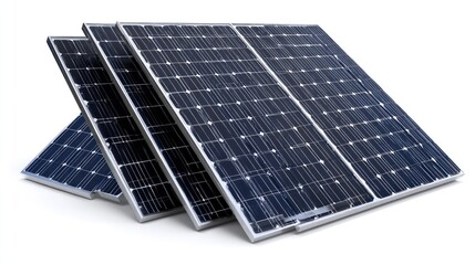 Three solar panels stacked slightly offset, clean surfaces and structured grid lines visible, isolated on white background, ideal for environmental tech content