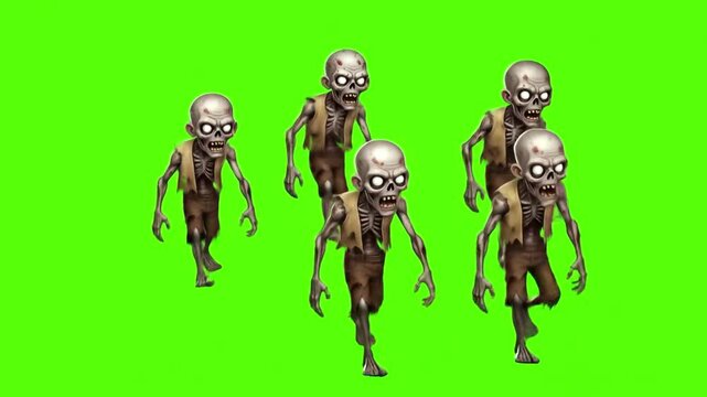 A group of menacing zombies shamble forward against a bright green screen