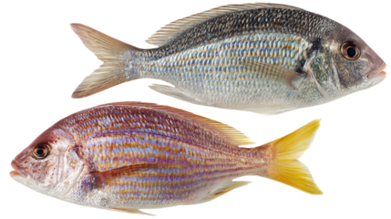 Two vibrant fish, isolated on transparent background.  The upper fish is silvery-grey, the lower a reddish-brown, both displaying striking horizontal stripes.  Perfect for culinary or marine-themed pr