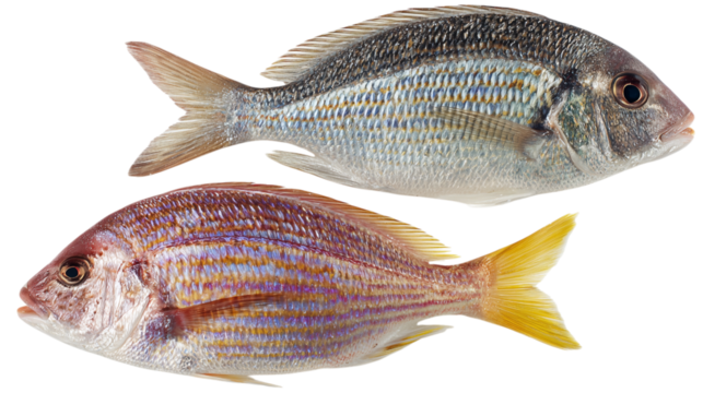 Two vibrant fish, isolated on transparent background.  The upper fish is silvery-grey, the lower a reddish-brown, both displaying striking horizontal stripes.  Perfect for culinary or marine-themed pr
