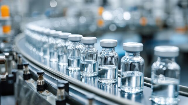 Closeup view of a bustling pharmaceutical assembly line where a conveyor system transfers meticulously sealed clear bottles filled with various medications and vaccines emphasizing