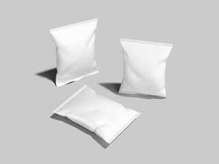 Three Snack Bag Mockup 3D Rendering Foil Plastic Packaging