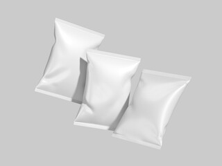 Three Chips Bag Mockup 3D Rendering Foil Plastic Packaging