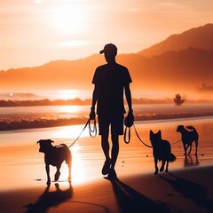 Walker enjoys sunset stroll with three dogs along the beach while waves crash gently in the background
