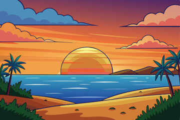 Vibrant Tropical Sunset Beach Paradise Illustration