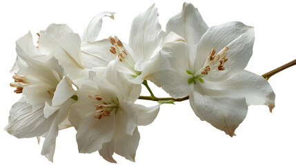 Delicate white flowers, possibly delphiniums, elegantly arranged on a stem, isolated on a transparent background.  Their soft petals and subtle texture are beautifully showcased.
