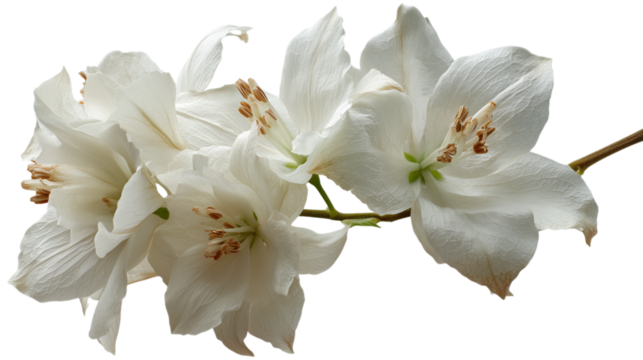 Delicate white flowers, possibly delphiniums, elegantly arranged on a stem, isolated on a transparent background.  Their soft petals and subtle texture are beautifully showcased.
