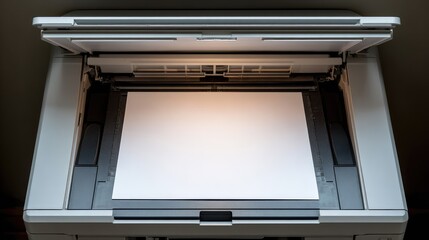 Top-down view of open copier lid with blank sheet on the scanner glass