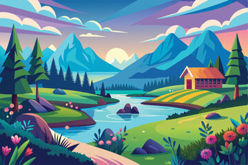 Serene Mountain Valley Landscape A Breathtaking Illustration of Nature's Beauty