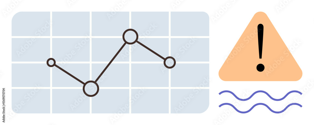 Poster graph with a line trend representing data points, alongside an exclamation alert and wave signals. i