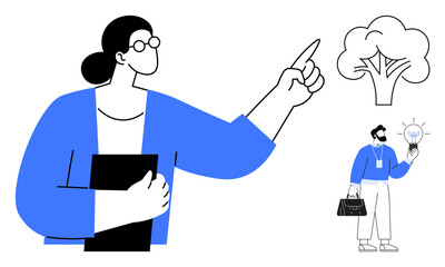 Woman pointing to a tree while a professional holds a lit idea symbol. Ideal for innovation, teamwork, leadership, sustainability, creativity, education, professional development. Simple flat