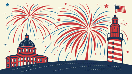 Celebrate american independence day with fireworks over lighthouse and capitol building design
