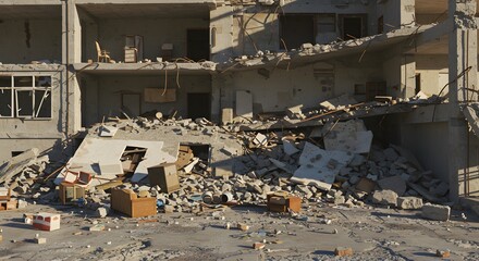 Ruined Concrete Building Debris-Filled Interior Desolate Scene.