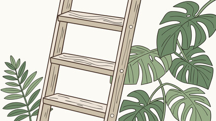 Wooden ladder with monstera plant and fern illustration for home decor and garden design ideas