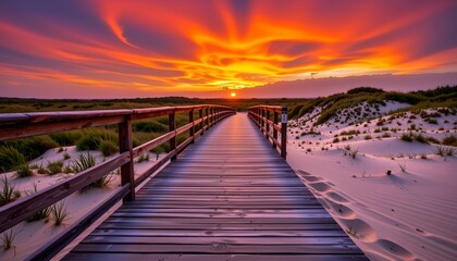 Obraz premium the main subject of the image is a wooden walkway with railings leading into the distance, the walkway is posed of parallel wooden planks