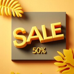 Bright yellow sale sign with vibrant foliage design promoting 50 cent off on products in a modern retail setting