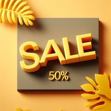 Bright yellow sale sign with vibrant foliage design promoting 50 cent off on products in a modern retail setting