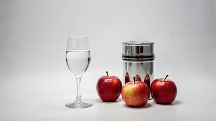 A glass of water next to three red apples and a stainless steel container. The scene is minimalistic with a white background