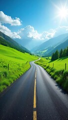 Fototapeta premium Winding Asphalt Road Through Vibrant Green Landscape, Sunny Sky, Perfect for Travel and Adventure Concepts