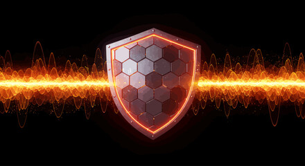Shield Technology Protecting Against Cyber Threats with Energy Waves and Futuristic Hexagonal Patterns Creating a Secure Online Environment Concept