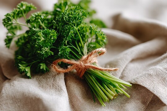 Fresh Italian flat-leaf parsley tied together with twine resting on fabric background