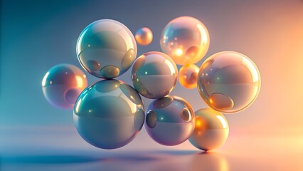 Abstract arrangement of iridescent spheres with soft lighting and reflections