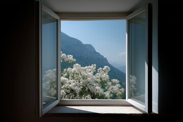 Open window frames spectacular mountain landscape creating peaceful indoor-outdoor connection