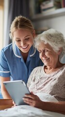 An elderly patient receiving gentle care from a nurse using a tablet to track heart health data highlighting the importance of personal connection and digital tools in fostering patient